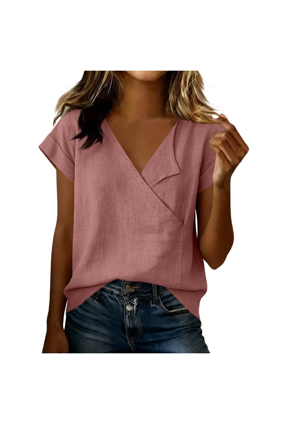 Enjoytime Women's Tops Solid Color V-Neck Linen Short Sleeve Blouses Summer Casual Beach Vacation Shirts