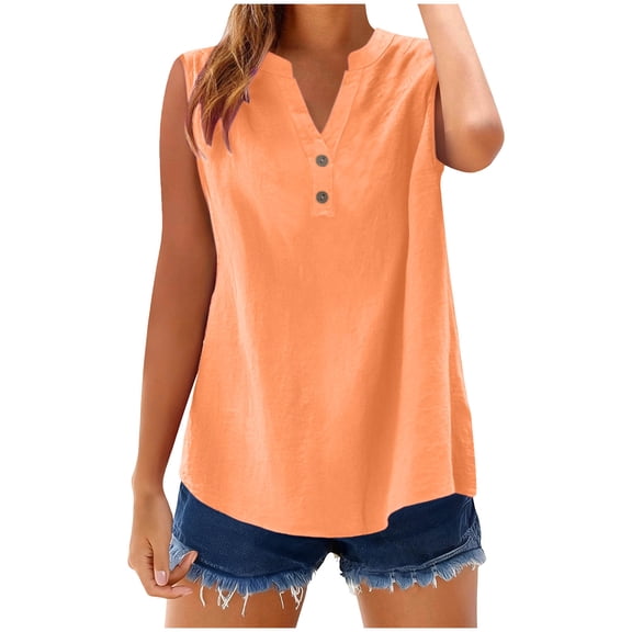 Enjoytime Women's Tops Solid Color V-Neck Sleeveless Button Down Blouse Summer Trendy Casual Cotton Linen Plus Size Shirts