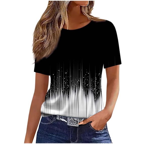 Enjoytime Women's Tops Trendy Printed Round Neck Short Sleeve Blouses Business Casual Summer Plus Size Shirts Black L