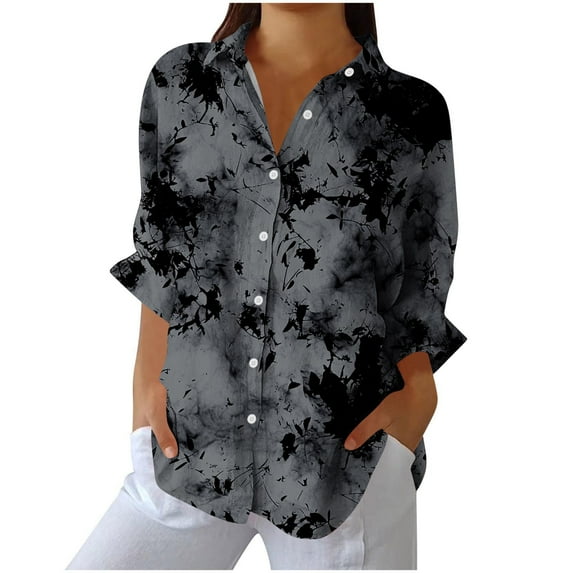 Enjoytime Women's Tops Vintage Print Long Sleeve Collared Button Down Shirt Business Casual Plus Size Blouses