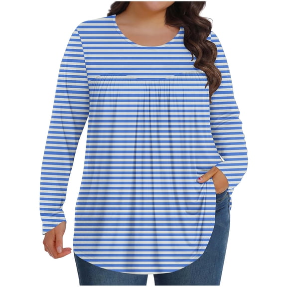 Enjoytime Women's Tops Vintage Print Round Neck Long Sleeve Fold Shirts Business Casual Dressy Plus Size Women Blouses Light Blue L