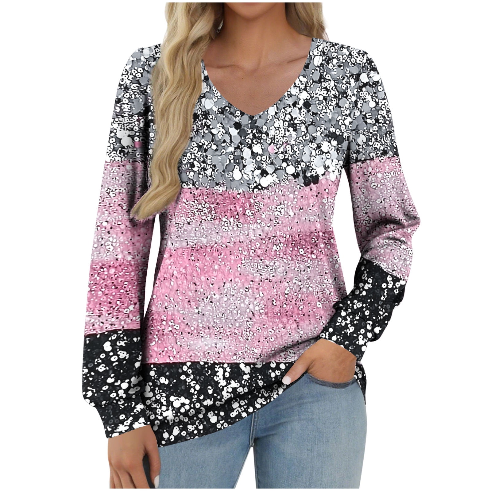 Enjoytime Women #39 s Winter Tops Patchwork Printed V Neck Long Sleeves Enjoytime Women #39 s Winter Tops Patchwork Printed V Neck Long Sleeves