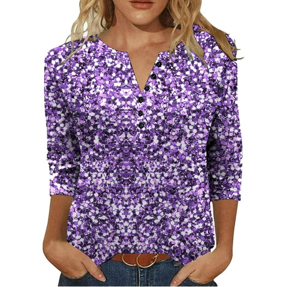 Enjoytime Women's Winter Tops Vintage Print V-Neck Button Down Shirt Business Plus Size Clothing Casual 3/4 Sleeve Blouses for Women Purple L