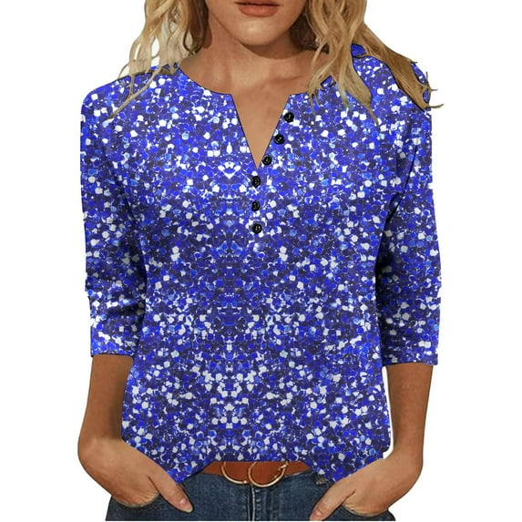 Enjoytime Women's Winter Tops Vintage Print V-Neck Button Down Shirt Business Plus Size Clothing Casual 3/4 Sleeve Blouses for Women Blue L