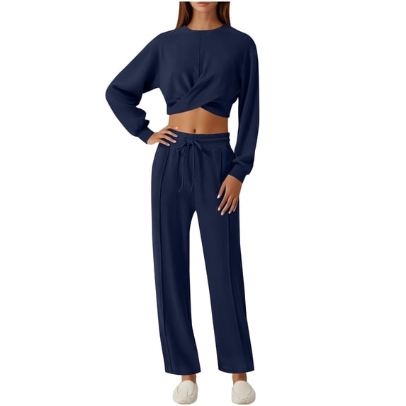 Enjoytime Womens 2 Piece Outfits Winter Solid Color Round Neck Cropped Sweatshirts High Waisted Pants Sweatsuits Going Out Travel Womens Loungewear Set