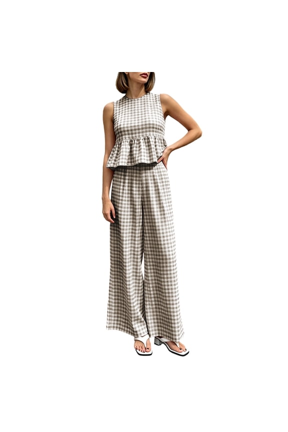 Womens 2 Piece Outfits Plaid Crew Neck Ruffled Sleeveless Tops with Pants Lounge Sets Summer Matching Set
