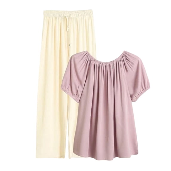 Enjoytime Womens 2 Piece Outfits Round Neck Puff Sleeve Blouse with Wide Leg Pants Matching Sets Plus Size Casual Loungewear