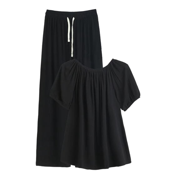 Enjoytime Womens 2 Piece Outfits Round Neck Puff Sleeve Blouse with Wide Leg Pants Matching Sets Plus Size Casual Loungewear