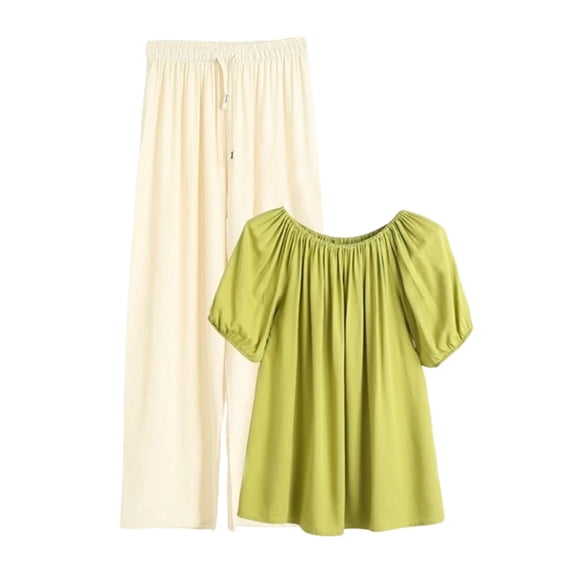 Enjoytime Womens 2 Piece Outfits Round Neck Puff Sleeve Blouse with Wide Leg Pants Matching Sets Plus Size Casual Loungewear