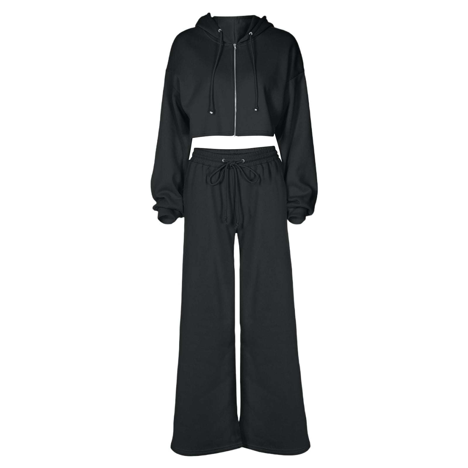 Enjoytime Womens 2 Piece Outfits Solid Color Long Sleeve Crop Zip Up ...