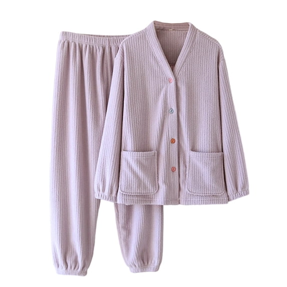 Enjoytime Womens 2 Piece Outfits Solid Color Long Sleeve Tops and Pants Loungewear Fall Winter Warm Velvet Pajama Set