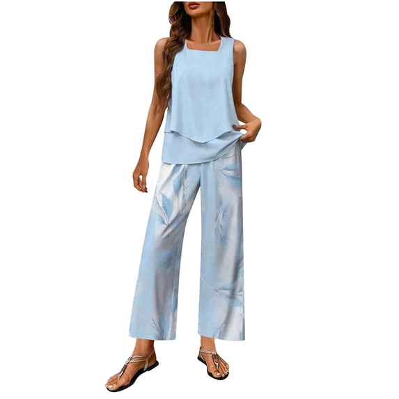 Enjoytime Womens 2 Piece Outfits Square Neck Tank Tops with Printed Wide Leg Pants Matching Set Casual Beach Vacation Lounge Sets
