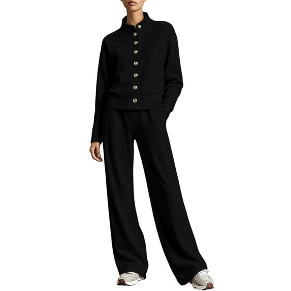Enjoytime Womens 2 Piece Outfits Stand Collar Button Down Sweatshirt Wide Leg Pants Matching Sets Travel Casual Loungewear