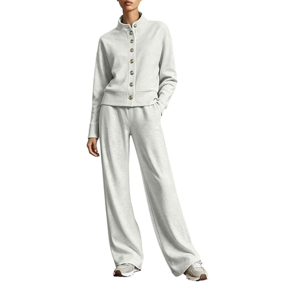 Enjoytime Womens 2 Piece Outfits Stand Collar Button Down Sweatshirt Wide Leg Pants Matching Sets Travel Casual Loungewear