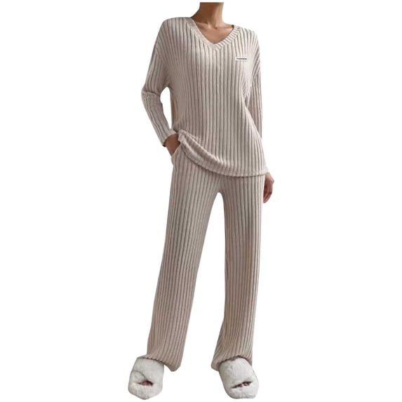 Enjoytime Womens 2 Piece Outfits Striped V-Neck Long Sleeve Tops Elastic Waist Straight Leg Pants Matching Set Fall Winter Casual Loungewear