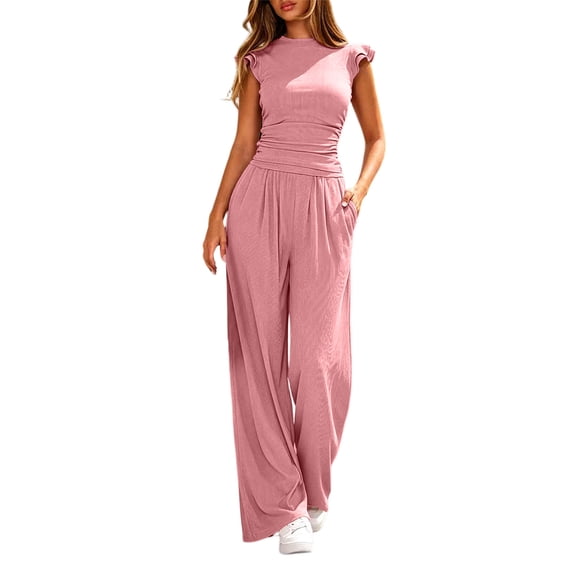 Enjoytime Womens 2 Piece Outfits Summer Beach Travel Casual Lounge Set Ruffle Sleeve Crop Tops with Wide Leg Pants Matching Sets