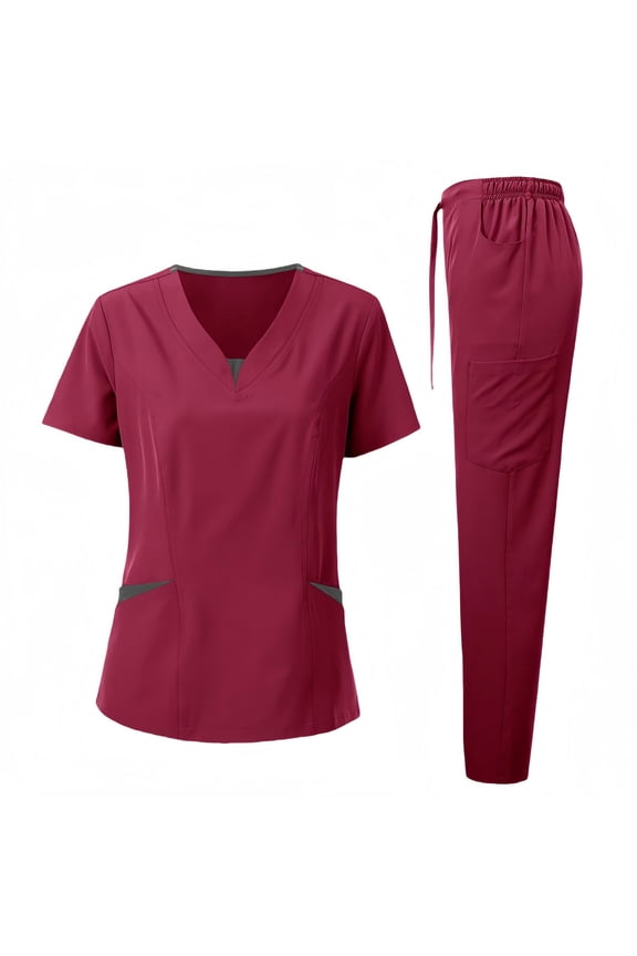Womens 2 Piece Outfits V-Neck Short Sleeve Tops and Pants Comfortable Matching Outfits Solid Color Lightweight Workwear