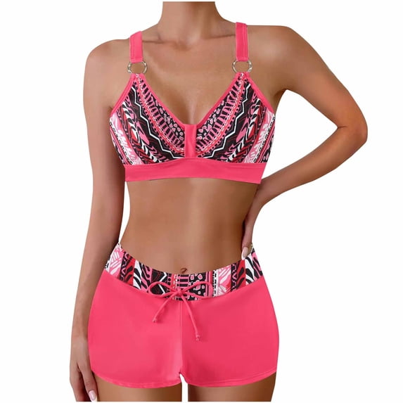 Enjoytime Womens 2 Piece Swimsuits Print Adjustable Straps Bikinis Sets with Boyshort Swimwear Tummy Control Plus Size Bathing Suits