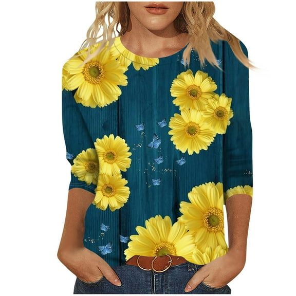 Enjoytime Womens 3/4 Length Sleeve Blouses Loose Fit Casual Crewneck Shirts Floral Printed Tunic Tops Plus Size Women Clothing