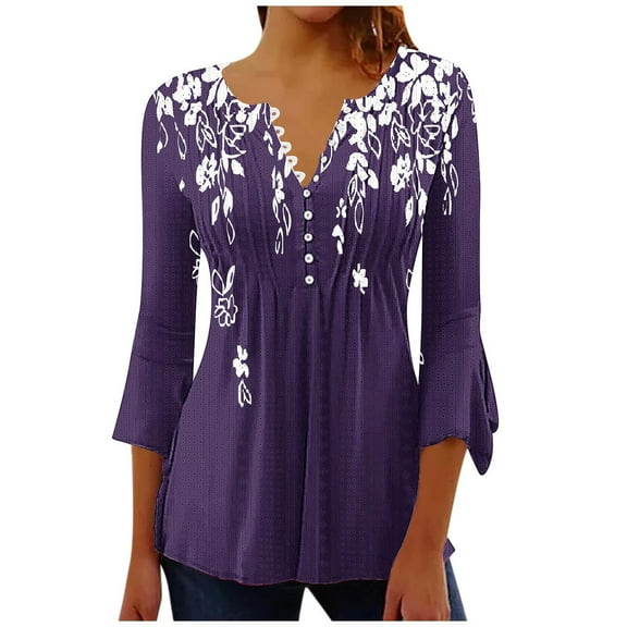 Enjoytime Womens 3/4 Length Sleeve Tops Loose Fit Casual Shirts Button Neck Floral Printed Tunic Blouses Women Clothing