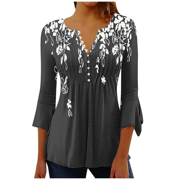 Enjoytime Womens 3/4 Length Sleeve Tops Loose Fit Casual Shirts Button Neck Floral Printed Tunic Blouses Women Clothing