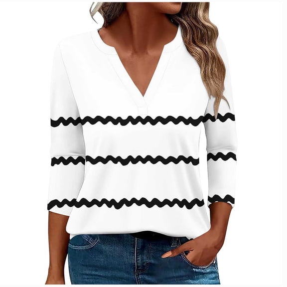 Enjoytime Womens 3/4 Sleeve Blouses Stripe Printed V Neck Shirt Loose Fit Casual Tops Women Clothing