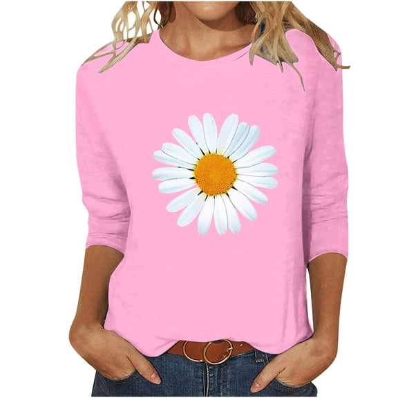 Enjoytime Womens 3/4 Sleeve Shirts Floral Printed Crewneck Casual Basic Blouse Loose Fit Comfy Tunic Tops Womens Clothing