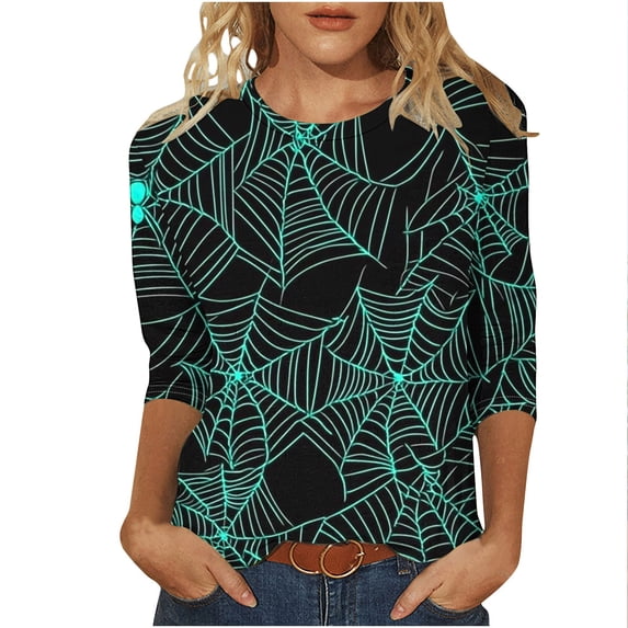 Enjoytime Womens 3/4 Sleeve Tops Halloween Vintage Printed Crew Neck Blouse Fall Plus Size Shirts