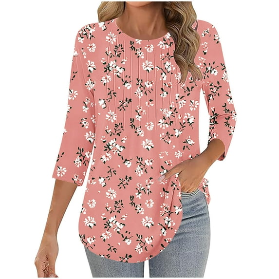 Enjoytime Womens 3/4 Sleeve Tops and Blouses Floral Printed Round Neck Plus Size Shirts Casual Loose Office Work Blouse