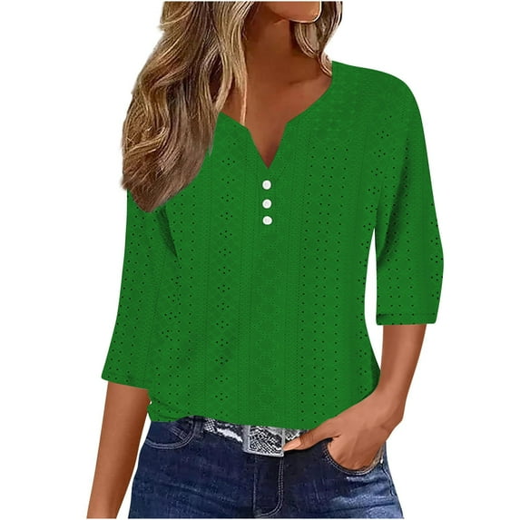 Enjoytime Womens 3/4 Sleeve Tops and Blouses Loose Solid Color V-Neck Blouse Summer Office Work Business Shirts