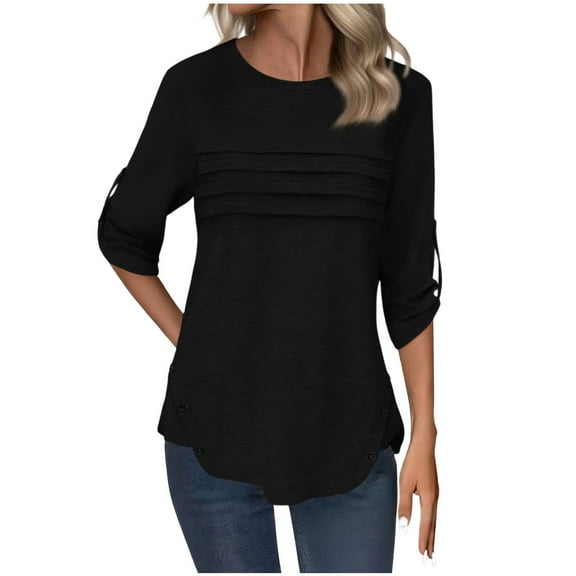 Enjoytime Womens 3/4 Sleeve Tops and Blouses Solid Color Round Neck Loose Shirts Business Casual Dressy Fashion Outfits Trendy Clothes 2025 Black L