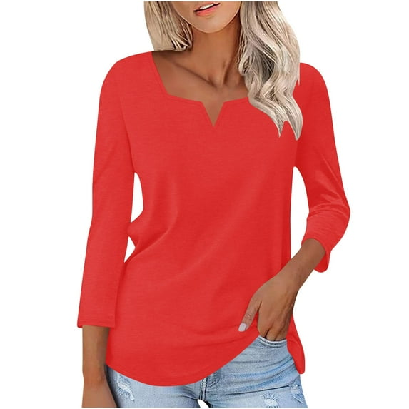 Enjoytime Womens 3/4 Sleeve Tops and Blouses Solid Color V-Neck Pullover Blouse Trendy Casual Business Work Shirts
