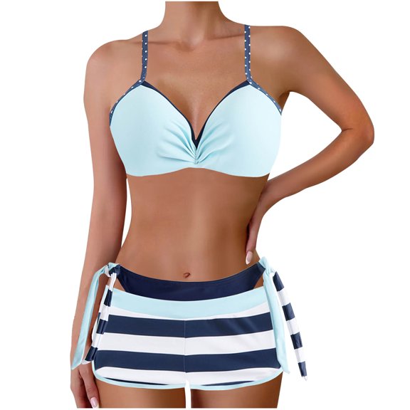 Enjoytime Womens Athletic 3 Piece Swimsuits with Drawstring Sexy Adjustable Backless Bikinis Sets with Boyshort Swimwear Womens Bathing Suits Tummy Control