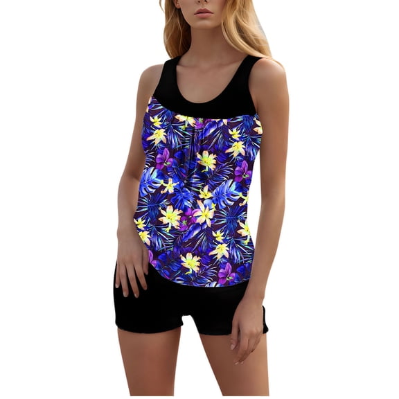 Enjoytime Womens Bathing Suits Floral Printed Sleeveless Tankini Swimsuits Tummy Control Flowy Tops with Shorts 2 Piece Swimsuit