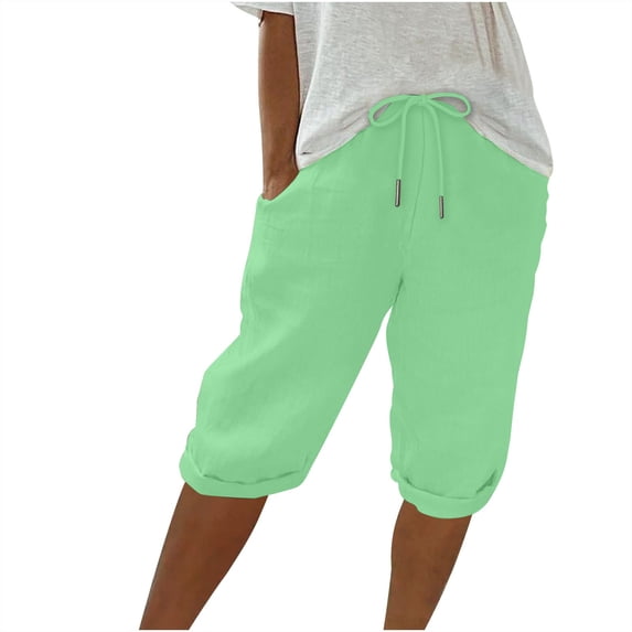 Enjoytime Womens Bermuda Shorts Solid Color Casual Elastic High Waisted Short Pants Knee Length Pockets Loose Fit Summer Shorts for Women Trendy