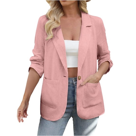 Enjoytime Womens Blazer Solid Color Long Sleeve Lapel Open Front Suit Jacket Fashion Casual Work Office Outerwear with Pockets Pink XL