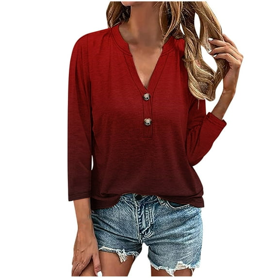 Enjoytime Womens Blouse Plus Size Color Block V Neck Button Tunic Tops Cute 2025 Shirts Casual Going Out 3/4 Sleeve Shirts for Women