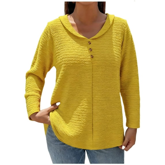Enjoytime Womens Blouse Solid Color Crewneck Long Sleeve Button Down Shirts Lightweight Casual Plus Size Womens Tops Yellow XXL