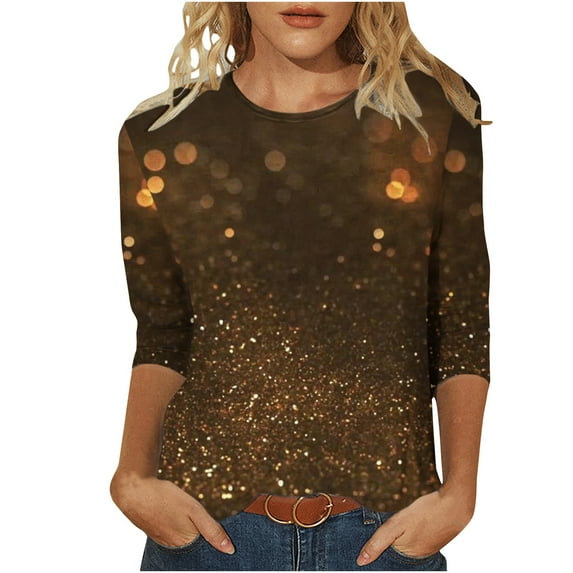 Enjoytime Womens Blouses 3/4 Sleeve Fashion Sequin Printed Crewneck Shirts Loose Fit Pullover Top Womens Clothing