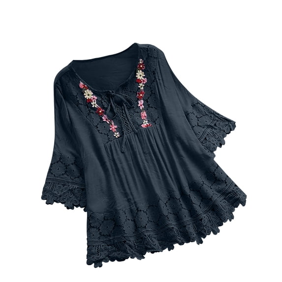Enjoytime Womens Blouses Casual V Neck Boho Floral Print Lace Tops Smocked 3/4 Sleeve Hollow Out Loose Women Shirts