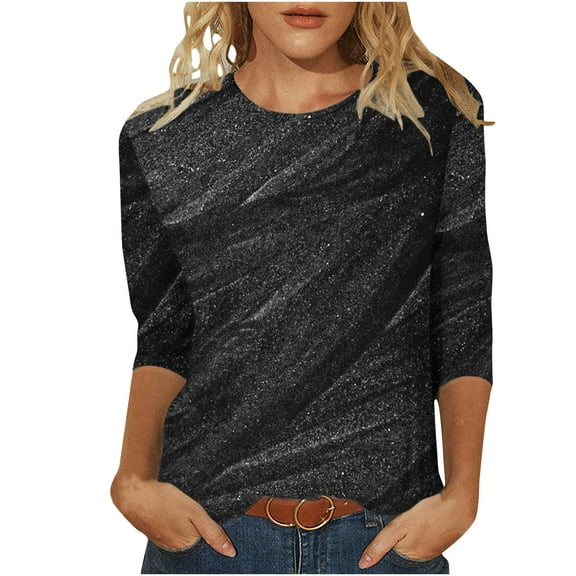 Enjoytime Womens Blouses Fashion Print Sparkly Glitter Party Y2K Tops Long Sleeve Blouse V-Neck Dressy Shirts for Evening Party