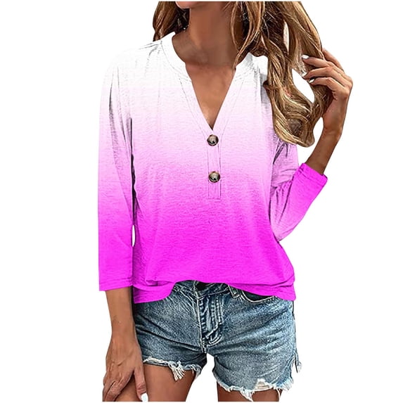 Enjoytime Womens Blouses Gradient Color V Neck Button Down Tops Lounge Loose Tunics Pullover Going Out Womens Shirts Tops