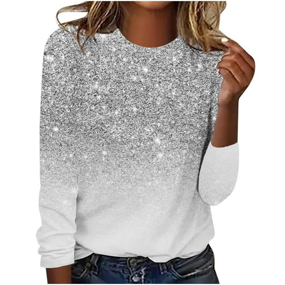 Enjoytime Womens Blouses Gradient Crewneck Long Sleeve Shirts with Sequin Fashion Party Trendy Casual Plus Size Tops Gray M