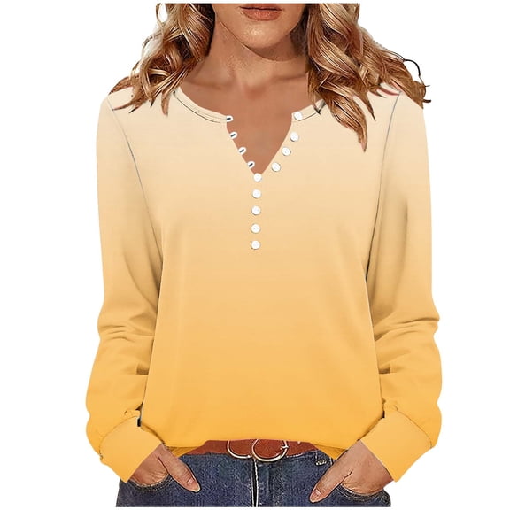 Enjoytime Womens Blouses Gradient V-Neck Open Button Long Sleeve Shirts Business Casual Work Plus Size Fall Tops Orange L