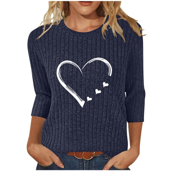 Enjoytime Womens Blouses Hearts Printing Crew Neck 3/4 Sleeve Tops Business Casual Work Shirt Fall Winter Fashion Clothing Navy S