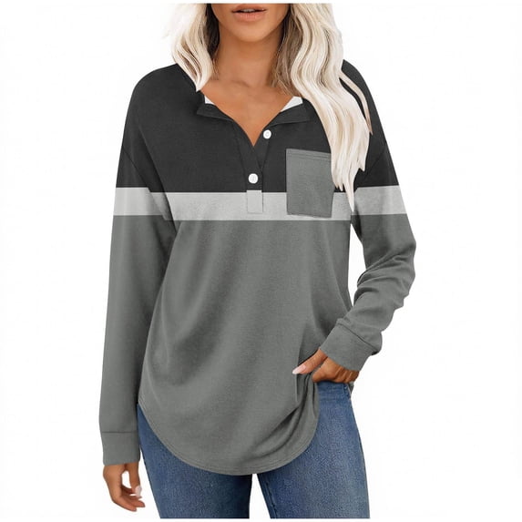 Enjoytime Womens Blouses Patchwork V-Neck Long Sleeve Button Down Shirt Business Casual Tops Fall Wnter Trendy Fashion Clothing Black M