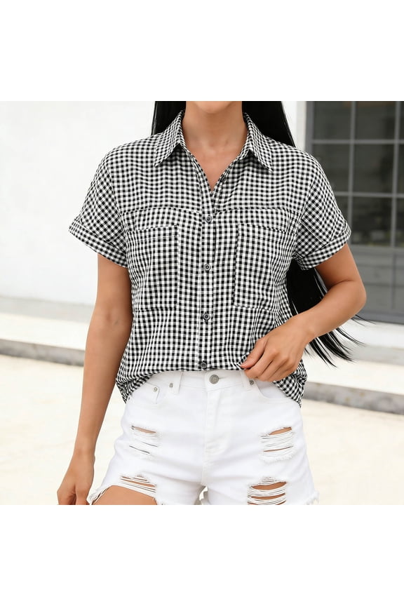 Womens Blouses Plaid Collared V Neck Button Down Shirts Summer Short Sleeve Business Casual Tops