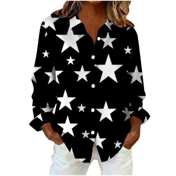 Enjoytime Womens Blouses Printed V-Neck Collared Long Sleeve Button Down Shirt Business Casual Fashion Plus Size Womens Tops Black XXXL