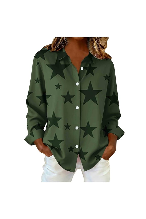 Womens Blouses Printed V-Neck Collared Long Sleeve Button Down Shirt Business Casual Fashion Plus Size Womens Tops Green XXXL