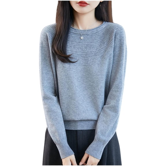 Enjoytime Womens Blouses Solid Color Crewneck Knitted Sweater Trendy Fashion Loose Casual Base Tops Gray XXL